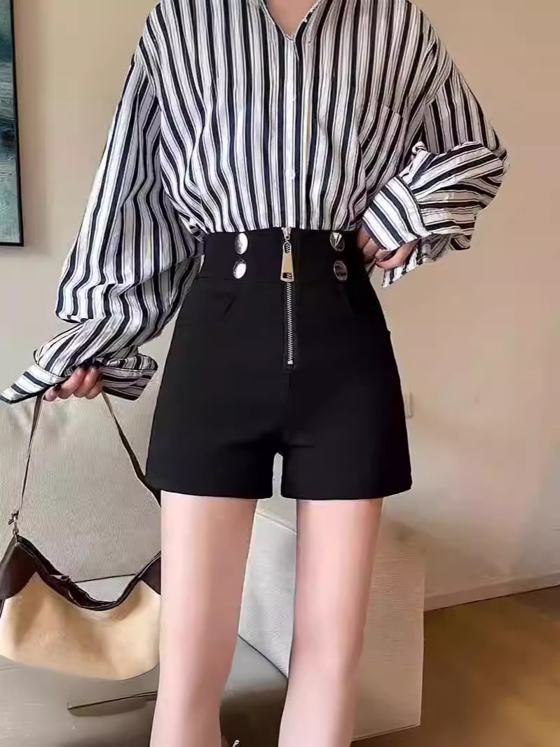 2024 Spring Black Shorts Women's New Design Sense Niche High Waist Zipper Casual Fashion Korean Style Outer Wear Hot Pants