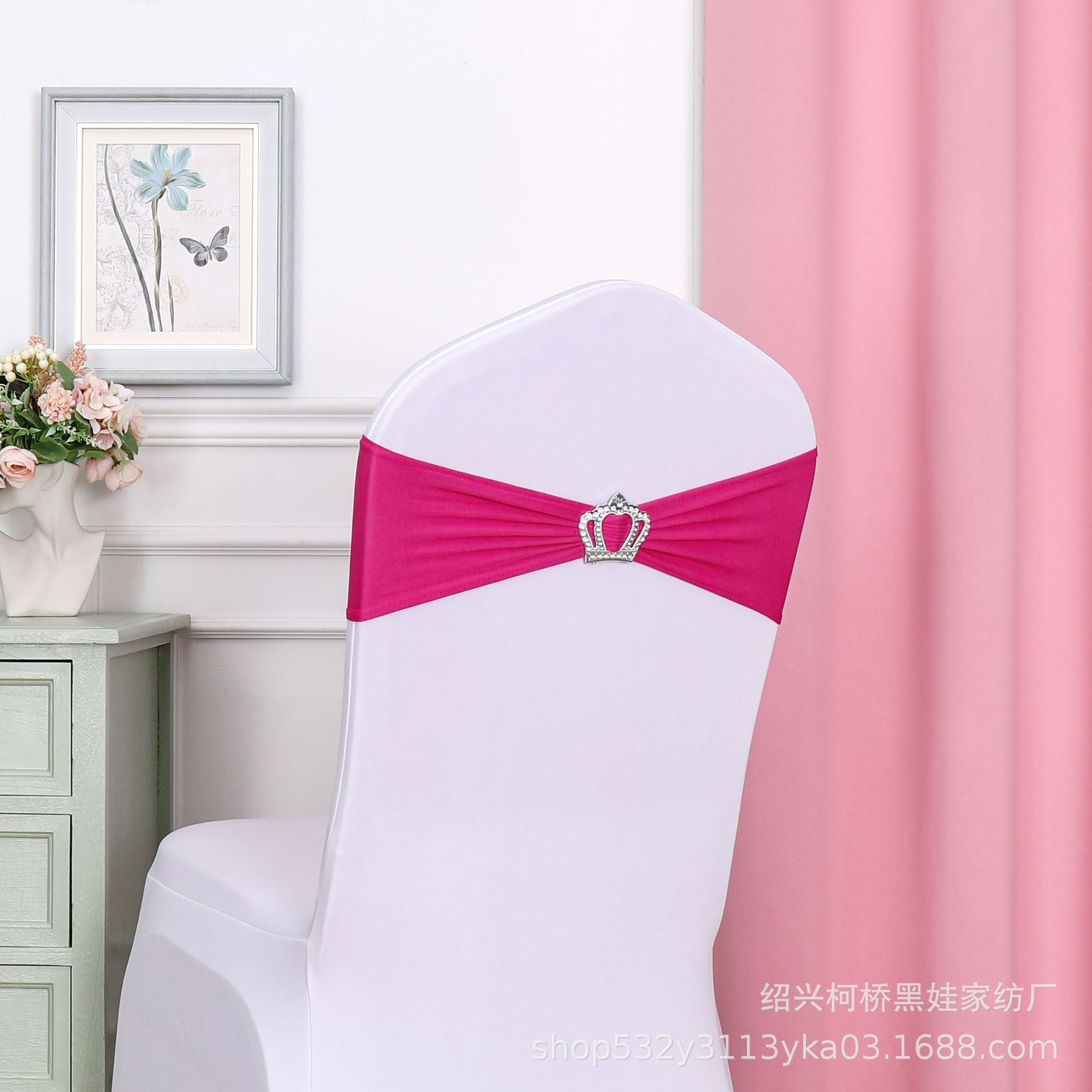 Picture of Chair Back Flower Bow Crown Diamond Buckle Elastic Banquet Chair Set Decoration Free Wedding Strap Ribbon Wedding Ribbon