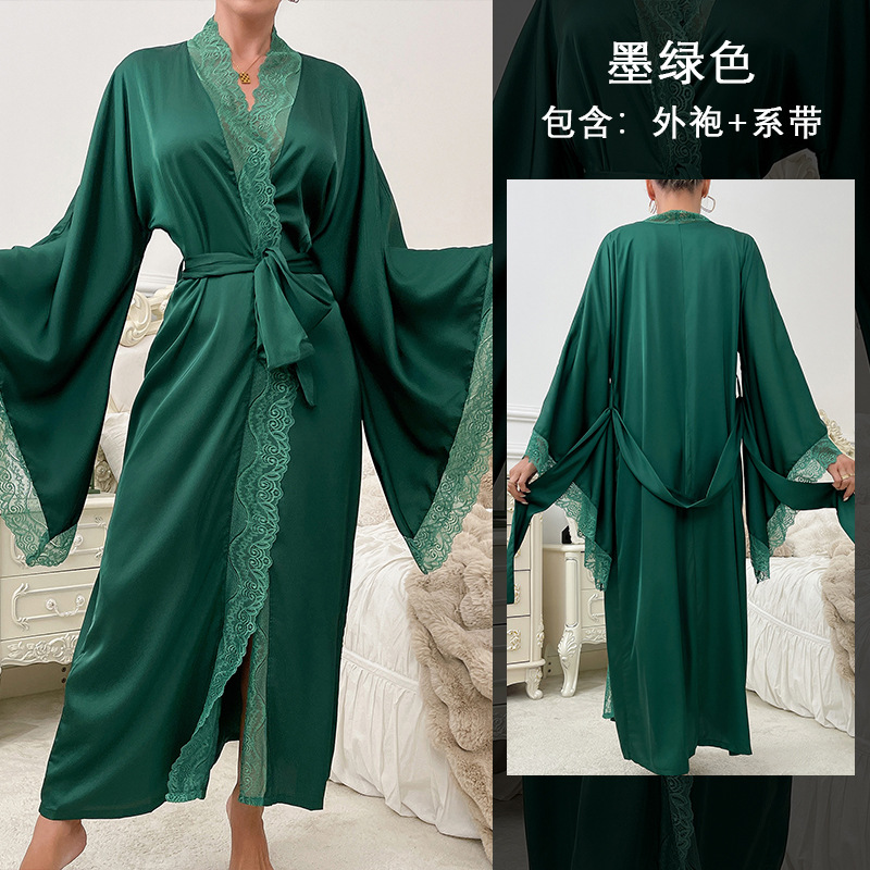 Picture of Fei Yun cross-border new satin pajamas women lace light luxury long sleeved cool feeling nightgown bathrobe home 336