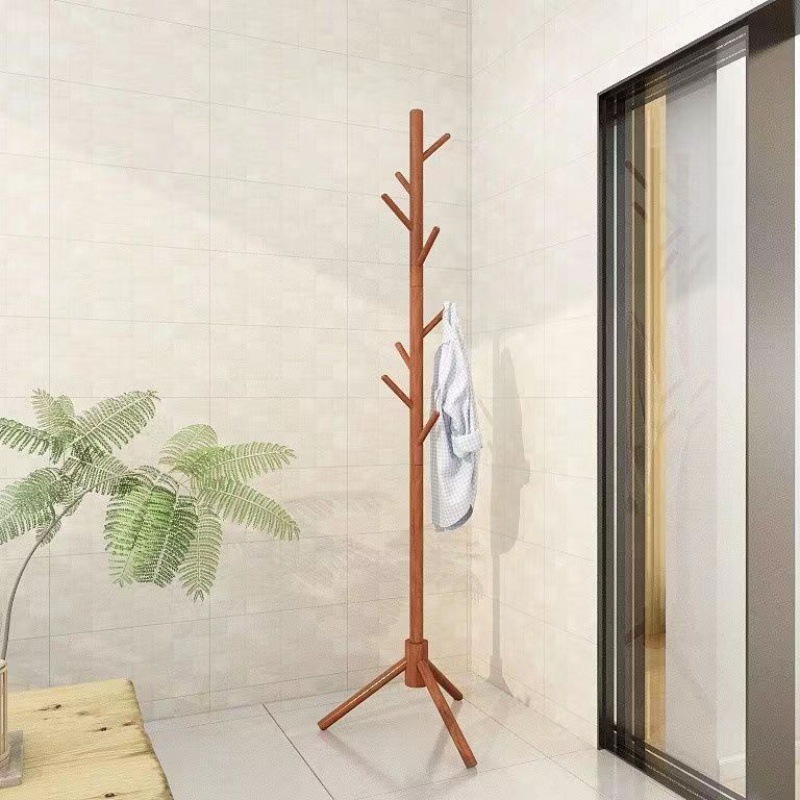 Picture of Solid wood coat rack floor-to-ceiling bedroom living room hanging clothes rod rack home indoor vertical simple bag hanging rack hat