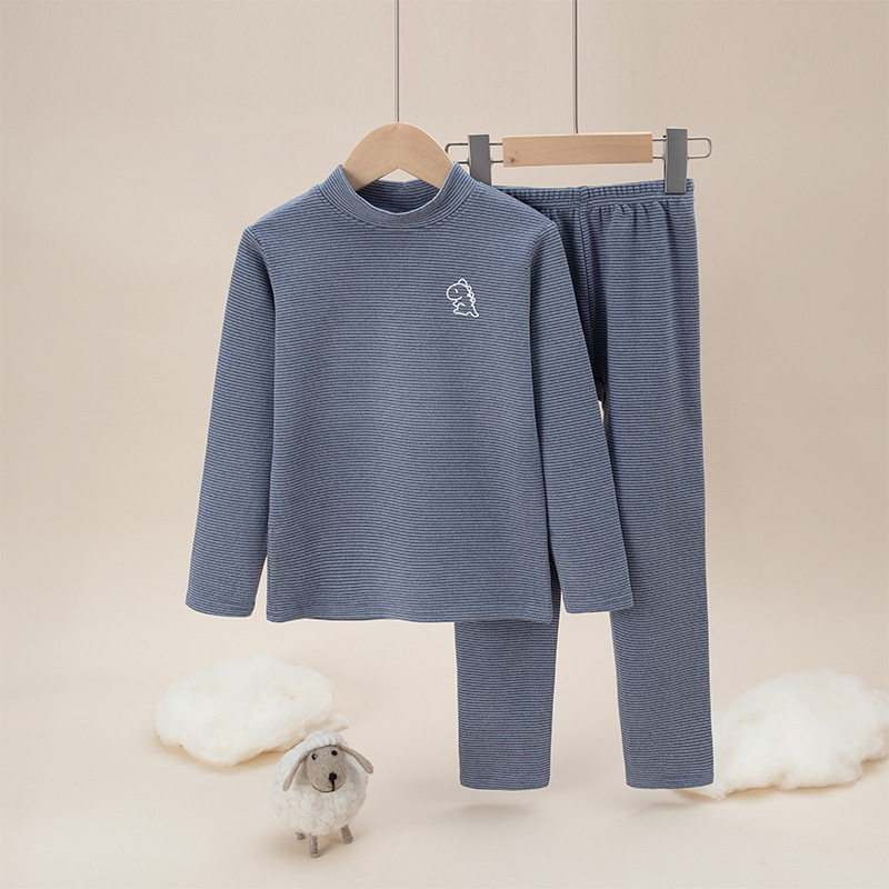 Picture of Children's double-sided brushed plush Long Johns boys and girls winter thermal underwear suit mid-collar bottoming striped pajamas