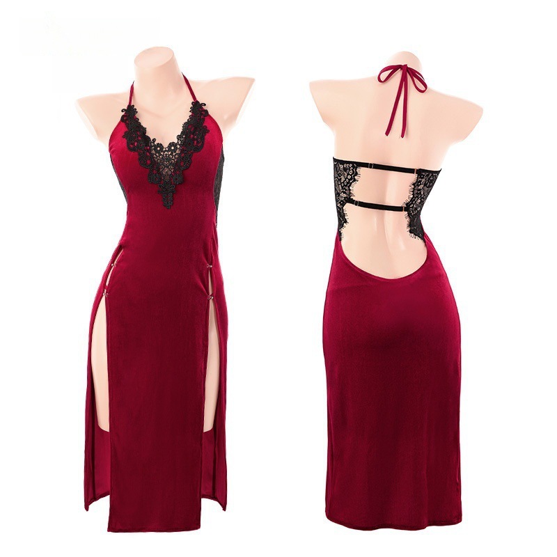 Qiaomier's Human Cinnabar Mole Deep V Velvet Nightgown Sexy Lingerie Sexy Pure Desire High Slit Exposed Buttocks No Need to Take Off for Women