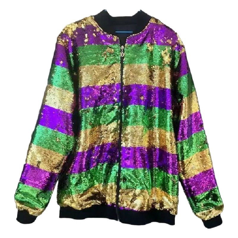 2023 New Cross-Border Holiday Festive Gradient Multi-Color Sequin Sequin Rib Loose Zipper Color Matching Jacket