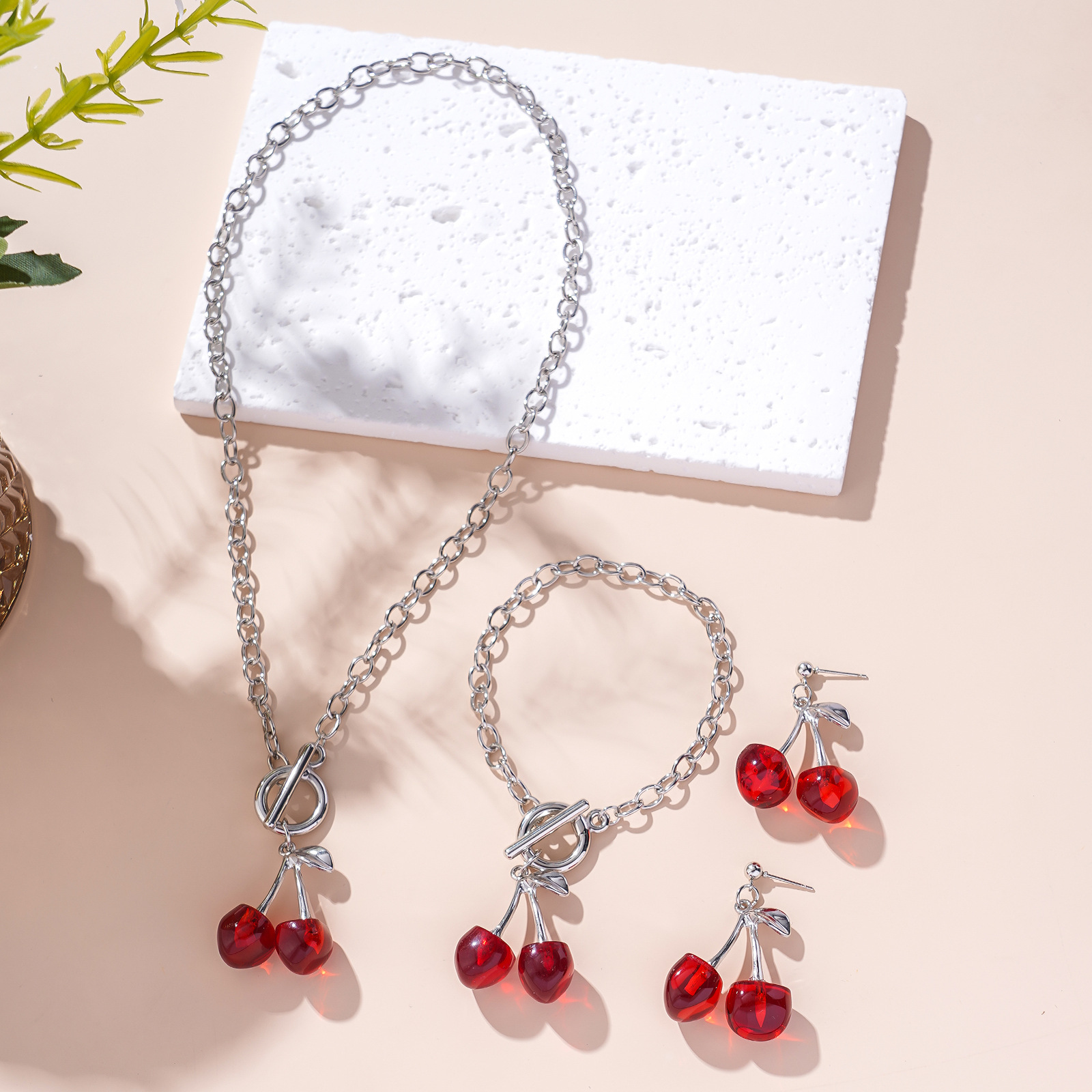European and American Cross-border Hot Sale Black Red Cherry Pendant Bracelet Chain Jewelry suit Ots Buckle Earrings Women's Jewelry