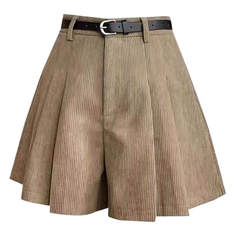 Khaki corduroy pleated casual wide-leg shorts women's autumn and winter 2024 New High waist small outer boots