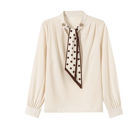 Picture of Light Mature Style Ribbon Shirt 2025 Autum New Korean Style Versatile Splicing Lace-Up Bow Long-Sleeved Shirt for Women