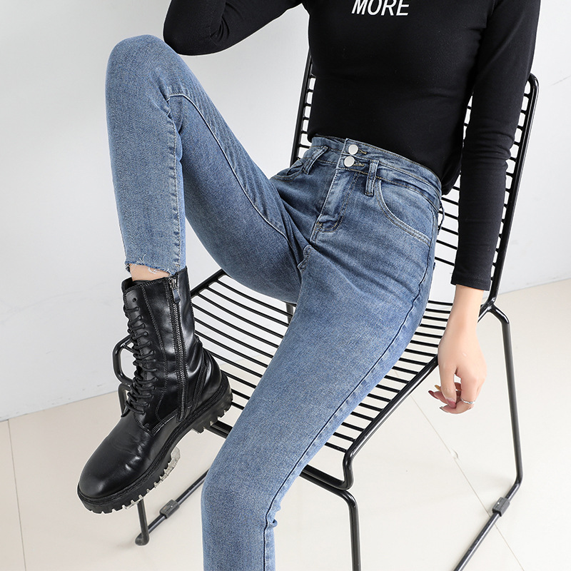 Autumn 2024 New High-waisted Jeans Girls Korean Style Slim-fit Slim-fit Skinny Foot Double Buckle Base Pencil Pants