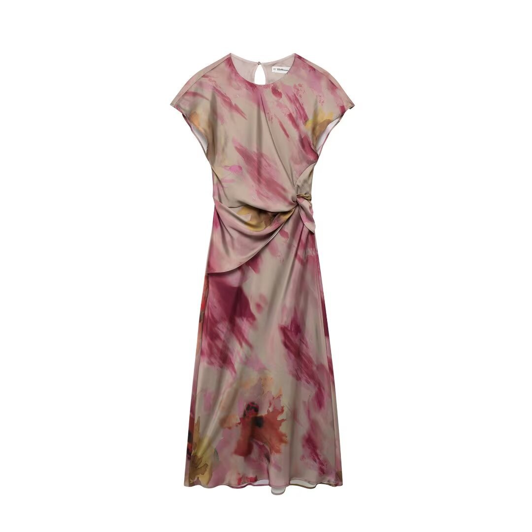 European and American Cross-Border Wholesale 2024 New Tie-Dye Printed Waist Satin Dress French Knotted Long Skirt