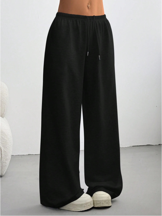European and American Style Joker High Waist Drawstring Lace-up Casual Wide Leg Loose Straight Pants Simple Solid Color Sports Pants for Women