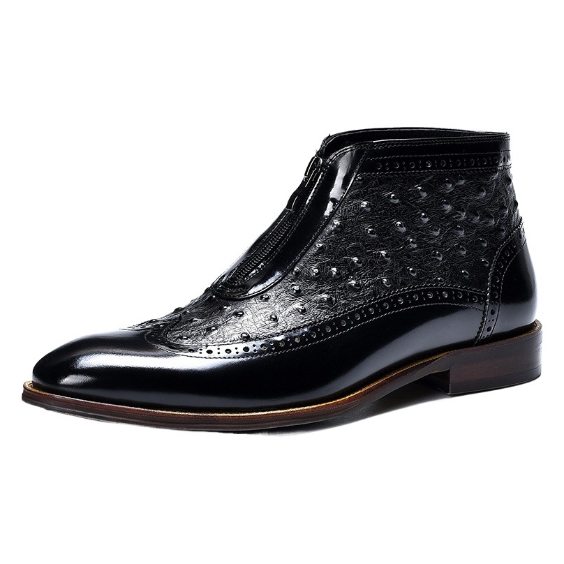 [Big Sale] Powerful Factory Patent Leather Boots Genuine Leather Pointed Toe Men's Short Boots Ostrich Pattern Trendy Men's Boots Front Zipper Martin Boots