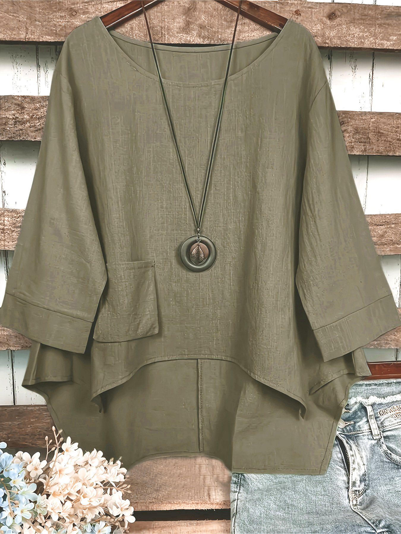 2023 Solid Color Top Asymmetrical Round Neck Loose Casual Top with Pockets