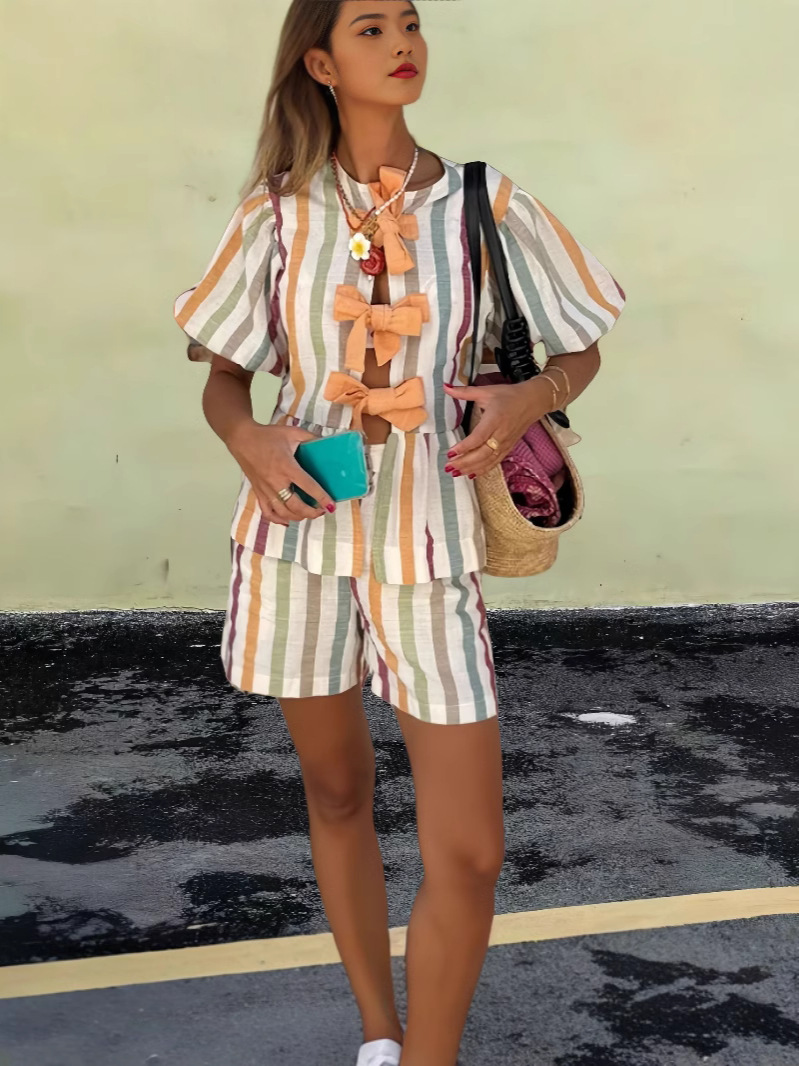 Cross-border 2024 independent station Amazon new European and American fashion casual striped shorts top suit women