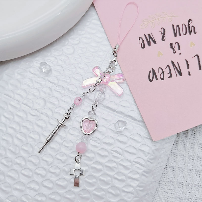 Picture of Japanese and Korean Style ins Harajuku Beaded Gooben Chain Card Book Hanging Chain Pink Style Girl's Heart Bow Love Mobile Phone Chain