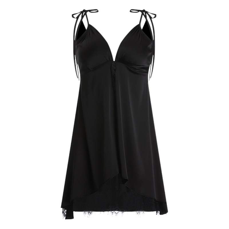VERA BURTON Sexy Satin Deep V Backless Vented Lace Plus Chest Pad Sling Nightgown Women's Home Clothes Set