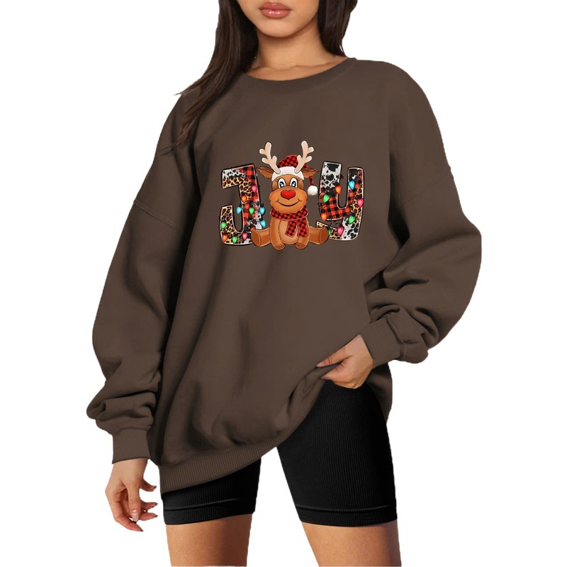 2022 Christmas new women's Christmas elk print fleece-lined thickened drop shoulder round neck sweater
