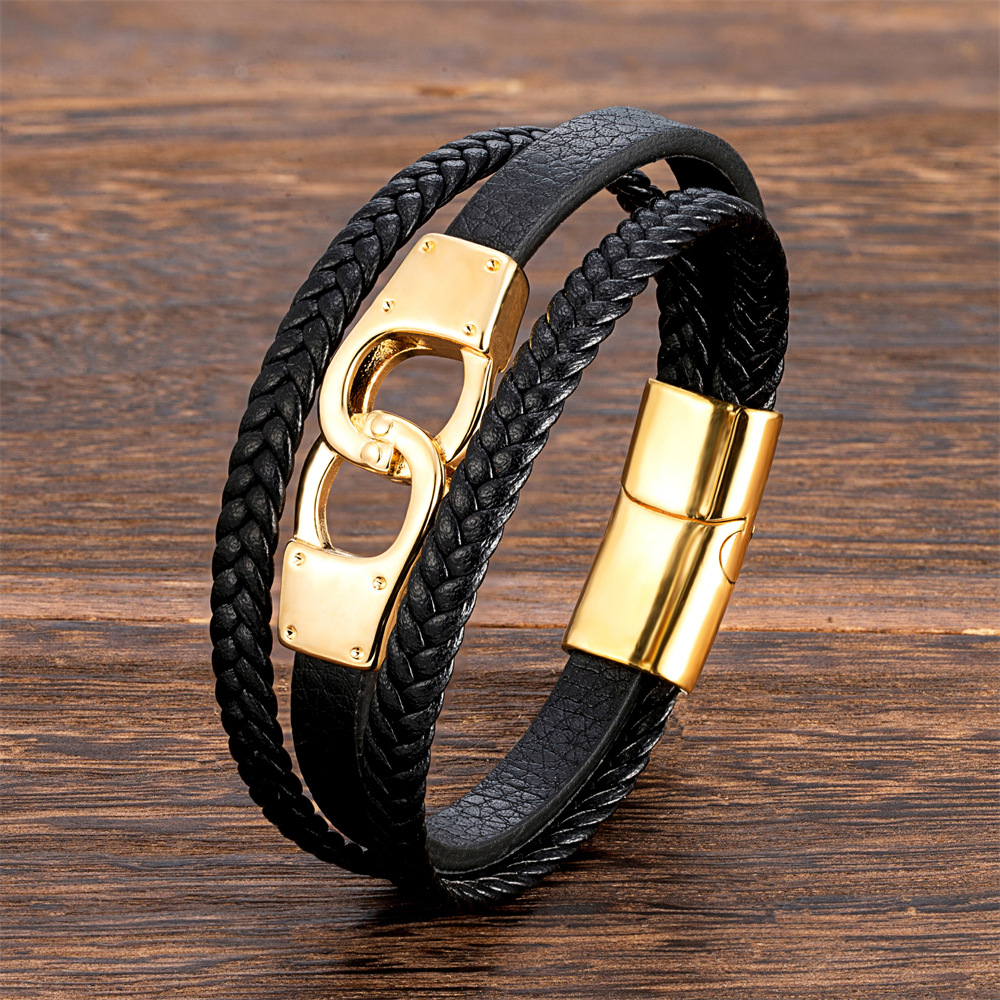 Cross-border Hot Selling Stainless Steel Bracelet Men's Fashion Genuine Leather Multi-layer Braided Leather Strap Bracelet All-match Jewelry
