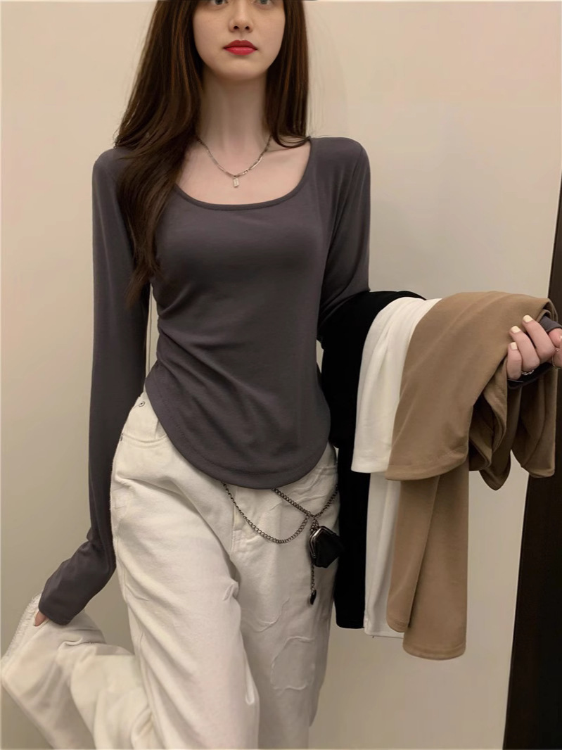 Autumn and Winter New Outfit Base Shirt Ins Super Hot Long-sleeved T-shirt Women's Solid Color All-match Loose Korean Style Top for Students
