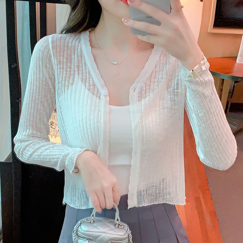 2025 New Summer Korean Style Slimming Outerwear Pure Color Slim Knitted Long-Sleeved Sun Protection Clothing Short Cardigan for Women