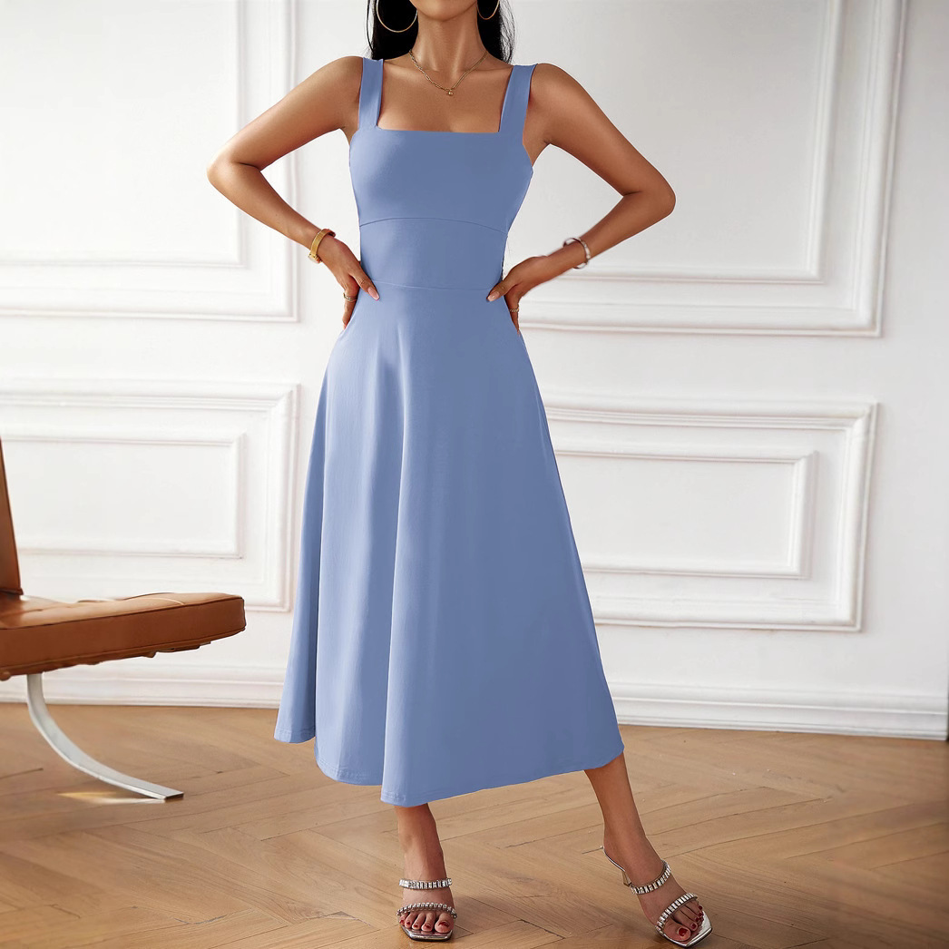 2025 Amazon cross-border simple summer plus size women's sling dress wholesale black blue apricot