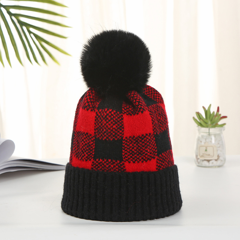 Picture of Korean Style Women's Autumn and Winter Warm Hat with Artistic Plaid Design, Rabbit Fur Pom-Pom, Fashionable Knitted Hat with Artistic Flair