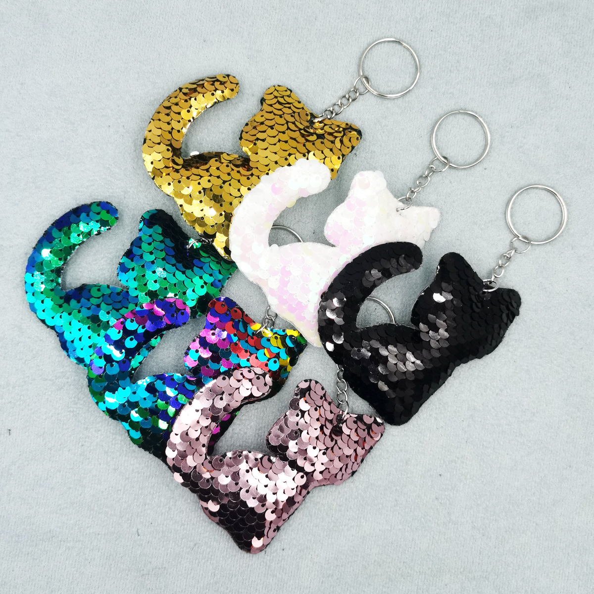 6-color set of reflective glossy cat keychain kitten sequins keychain bag car small pendant accessories