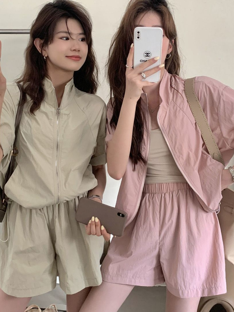 Cross-Border Korean Style Petite Casual Sports Sun Protection Suit for Women Autumn Workwear Jacket and Wide-Leg Shorts Two-Piece Set