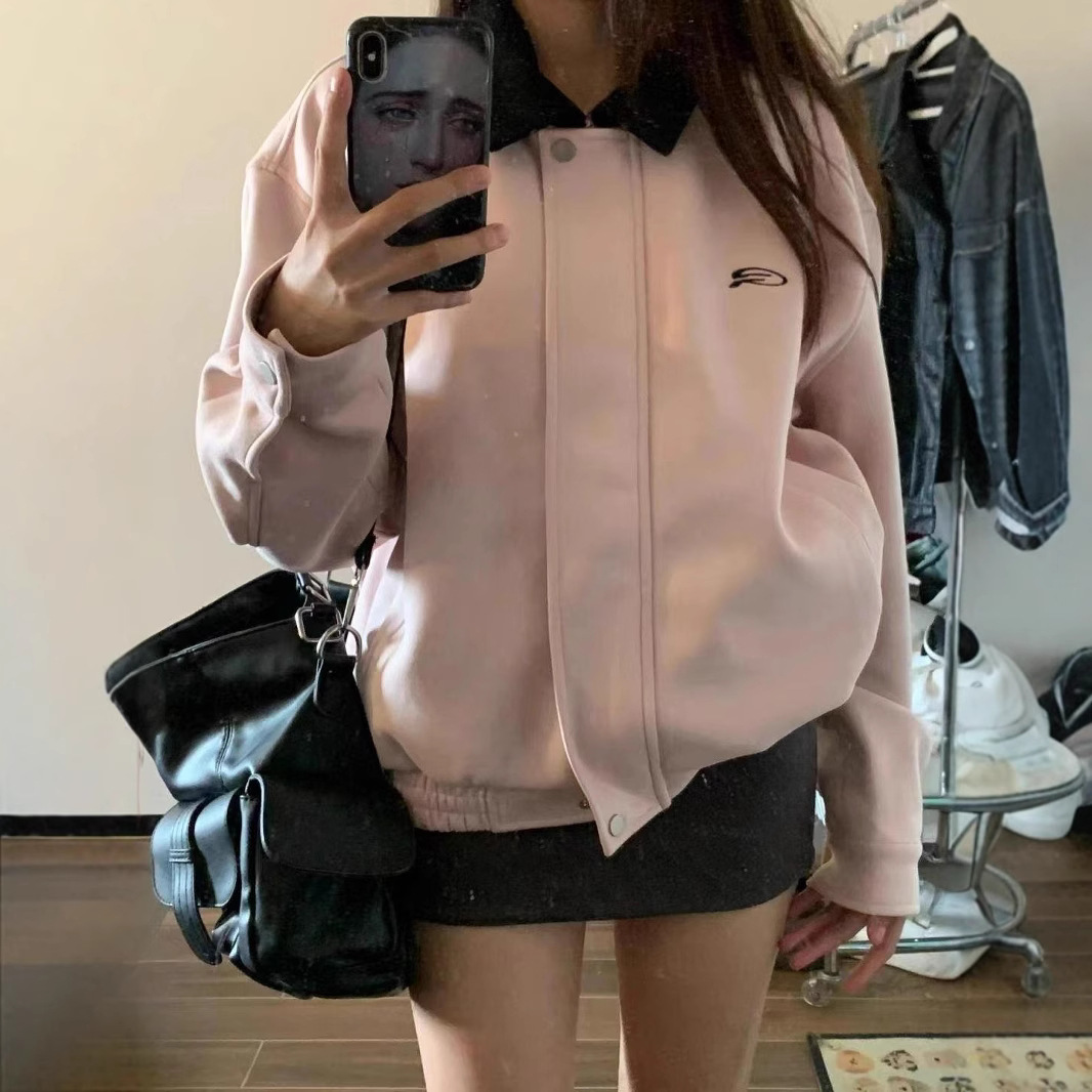 Pink Laps Coat Top Women's Korean Style College Style Student Spring and Autumn American Loose Retro Baseball Casual Jacket