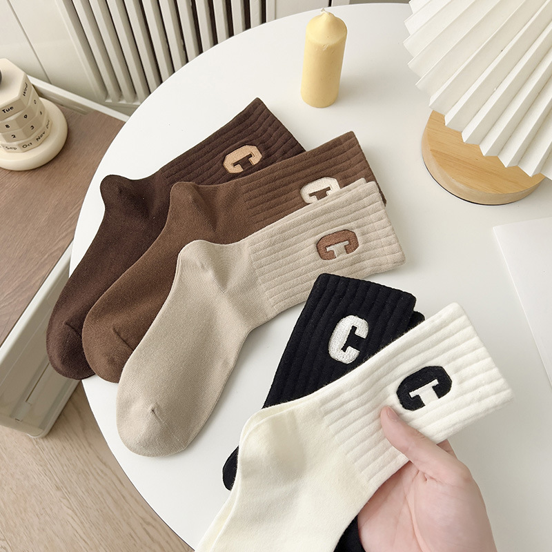 C Letter High Socks Sports Socks Milk Tea Colored Women's Mid-length Socks Trendy Spring and Autumn Outer Wear Internet Popular Autumn and Winter Stockings for Men