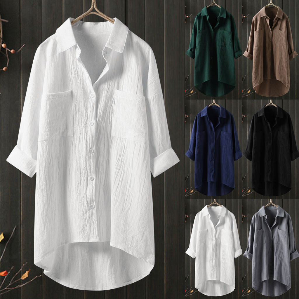 2024 Spring Short Sleeve Shirt Women's Casual Style Shirt Cotton and Linen Cardigan Double Pocket Long Sleeve Top Women's Clothing