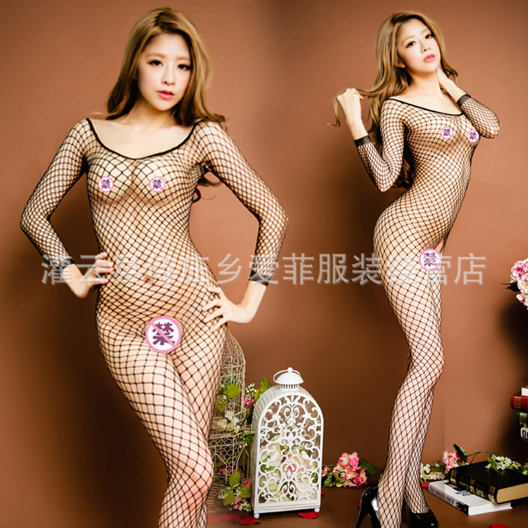 European and American large size sexy underwear women's transparent mesh one-piece long sleeve crew neck mesh one-piece stockings