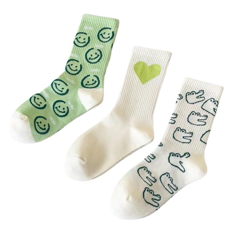 Green Style Socks Women's Korean Style Spring and Summer Instagram Style Trendy All-Match High Color Value Mori Style Student Smiling Face Mid-Height Stockings