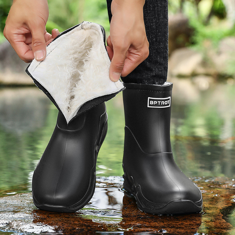 One-piece velvet rain shoes men's short tube fishing kitchen outdoor work bunted rain boots car wash water shoes cross-border fishing rubber shoes