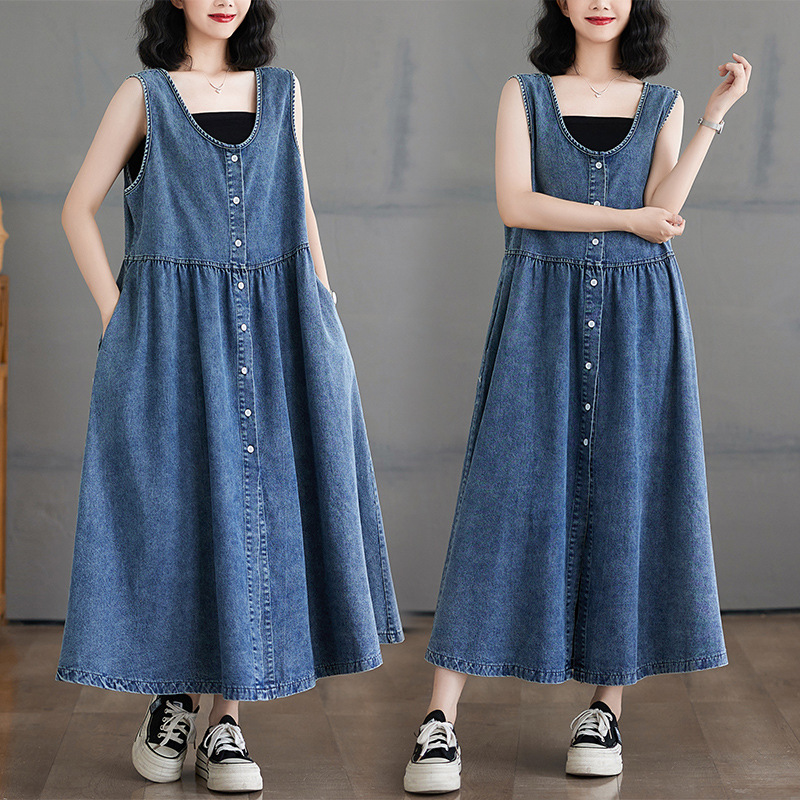 Sleeveless Denim dress Women 2024 New Thin Summer plus size Casual Loose Vest Skirt Denim Skirt