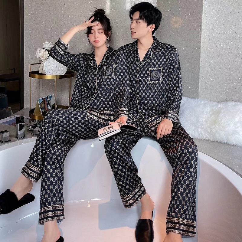Couple Pajamas Women's Autumn and Winter Ice Silk New Lapel Cardigan Plaid Silk Long-sleeved Home Suit for Spring and Autumn