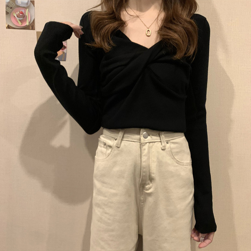 Picture of Early Spring 2021 New Sweater Cared Machine Cross V-neck Knitted Sweater Women's Autumn and Winter Slim-fit Inner Base Shirt Top