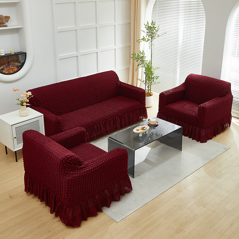 Solid Color Double Pair Seersucker Elastic Sofa Cover Skirt Bubble Sofa Cover Living Room Bedroom Sofa Cover Cross Border