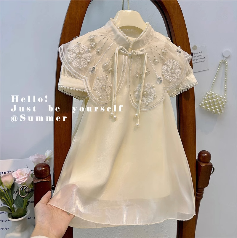 Girls Retro Heavy Industry Dress 2025 Summer New Children's Style Cloud Shoulder Cheongsam Baby Short Sleeve Princess Dress
