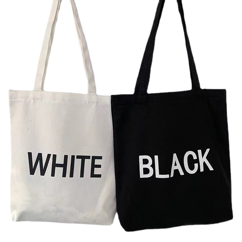 2024 New K-Style Simple and Versatile Large-Capacity Personalized White and Black Letter Canvas Bag Casual Literary Handbag