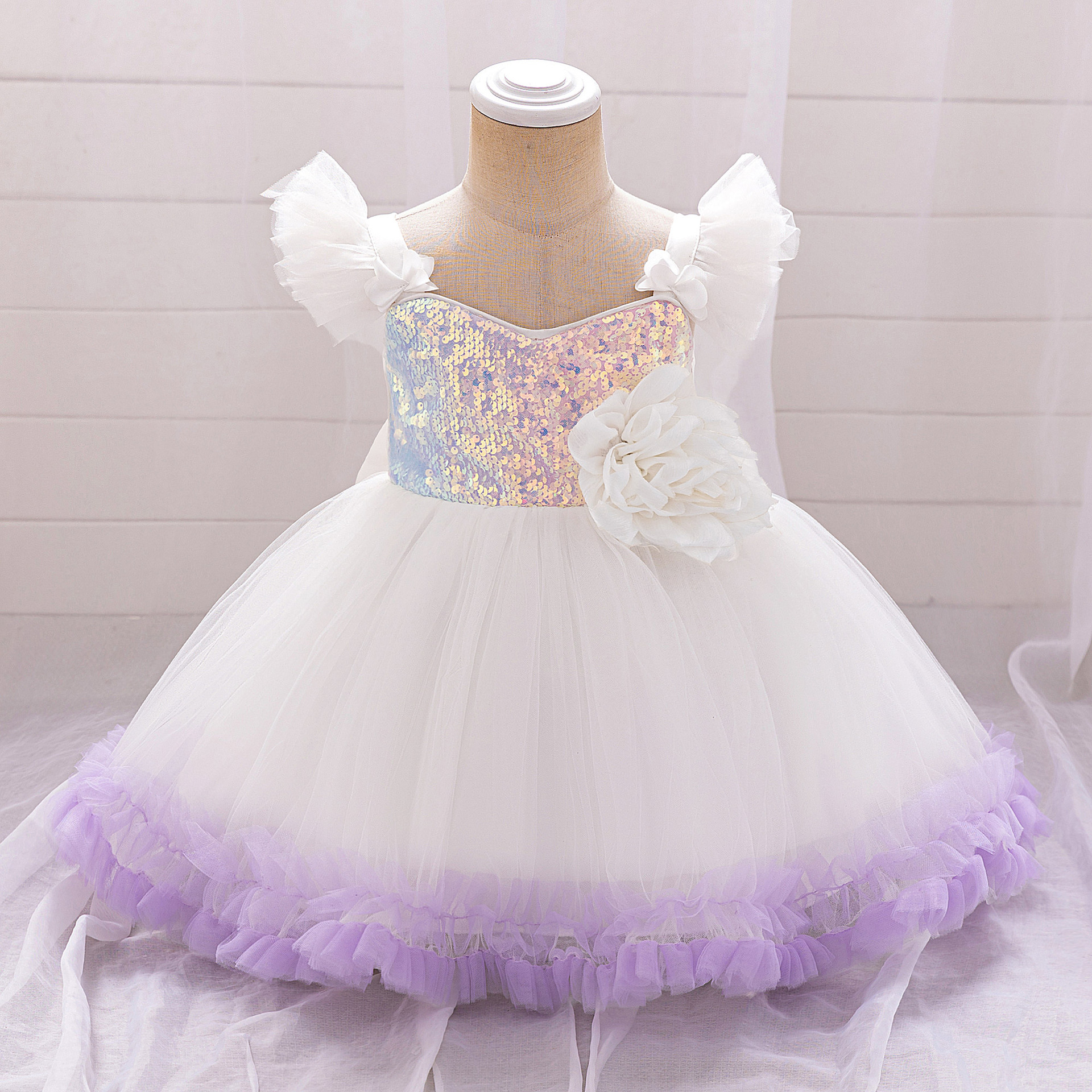 Wholesale New Amazon Children Sequin Bow Princess Dress Festival Puff Mesh Performance One Year Old Dress Dress