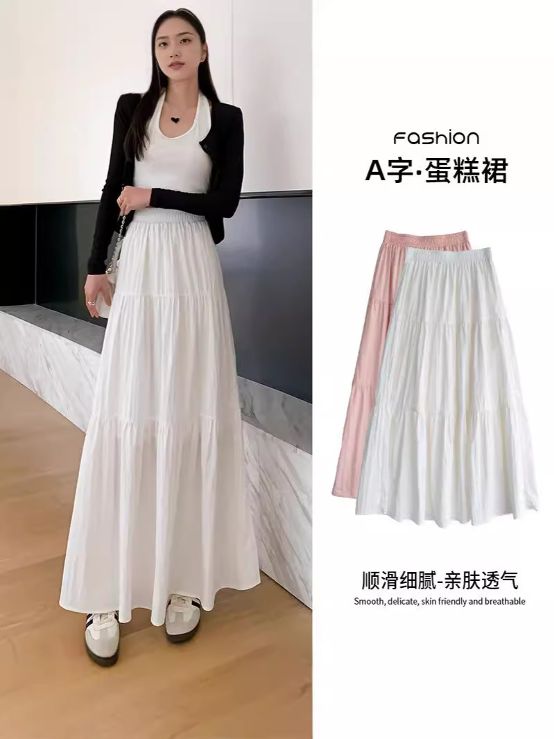 Gentle Style White A- line Skirt Women's Spring and Summer 2024 New High Waist Slimming Draped Cake Skirt Long Skirt