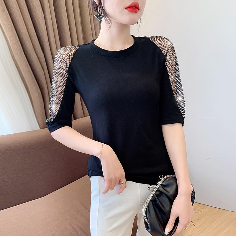 Real European Autumn New Round Neck Shoulder Grid with Diamond 5 Sleeve Fashion Trend All-match Women's Top