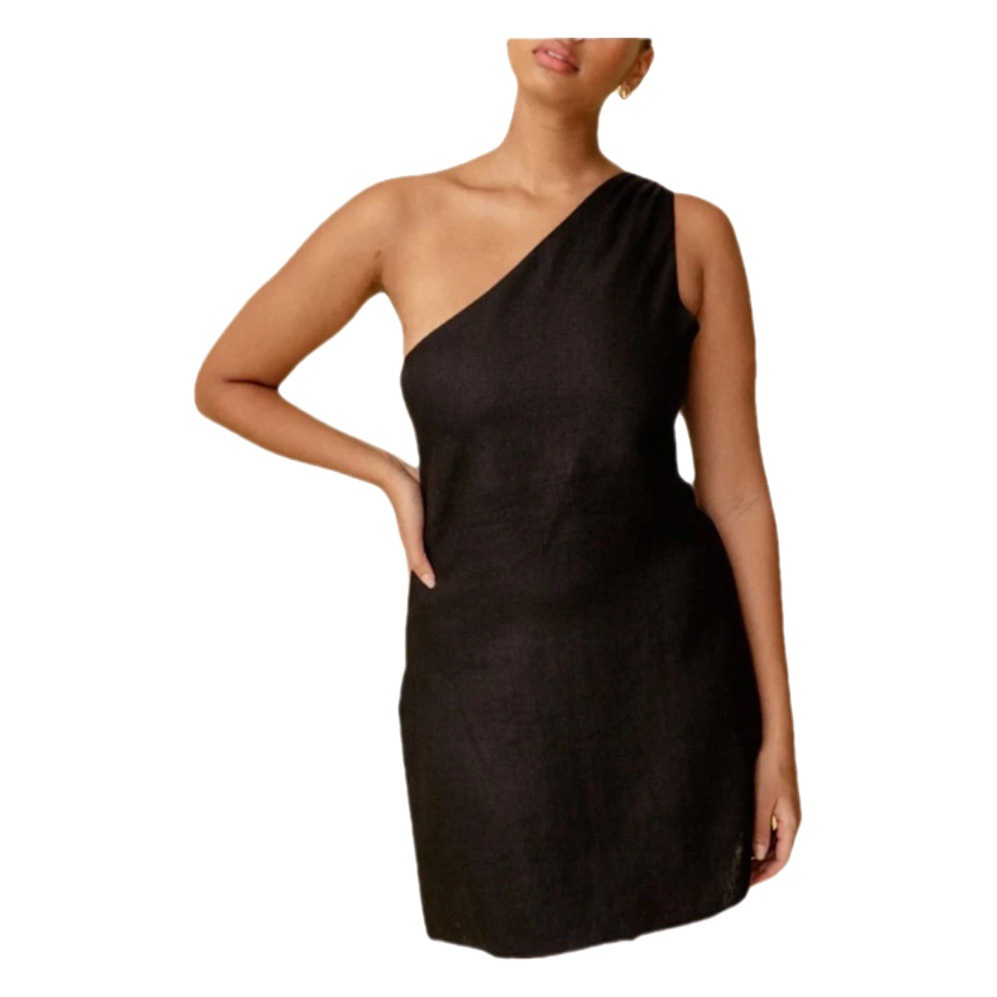 2024 New Women's New Solid Color Slim-Fit Elegant Commuter Slant Shoulder Dress