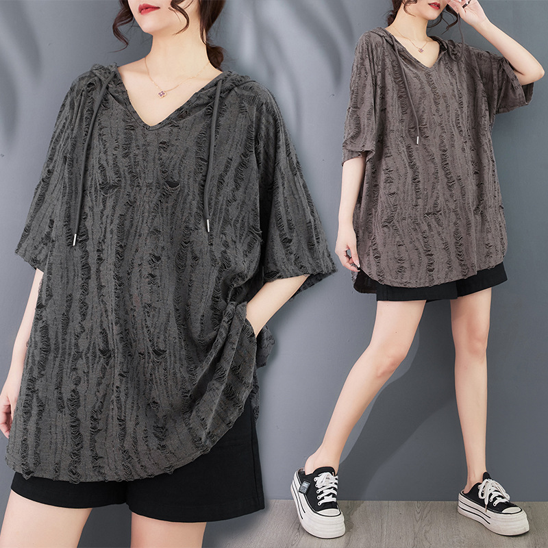 Picture of plus size Women's 2024 Summer New Loose Hooded Half-sleeved T-shirt chubby girl Covering Flesh Slimming Distinctive Rough Top