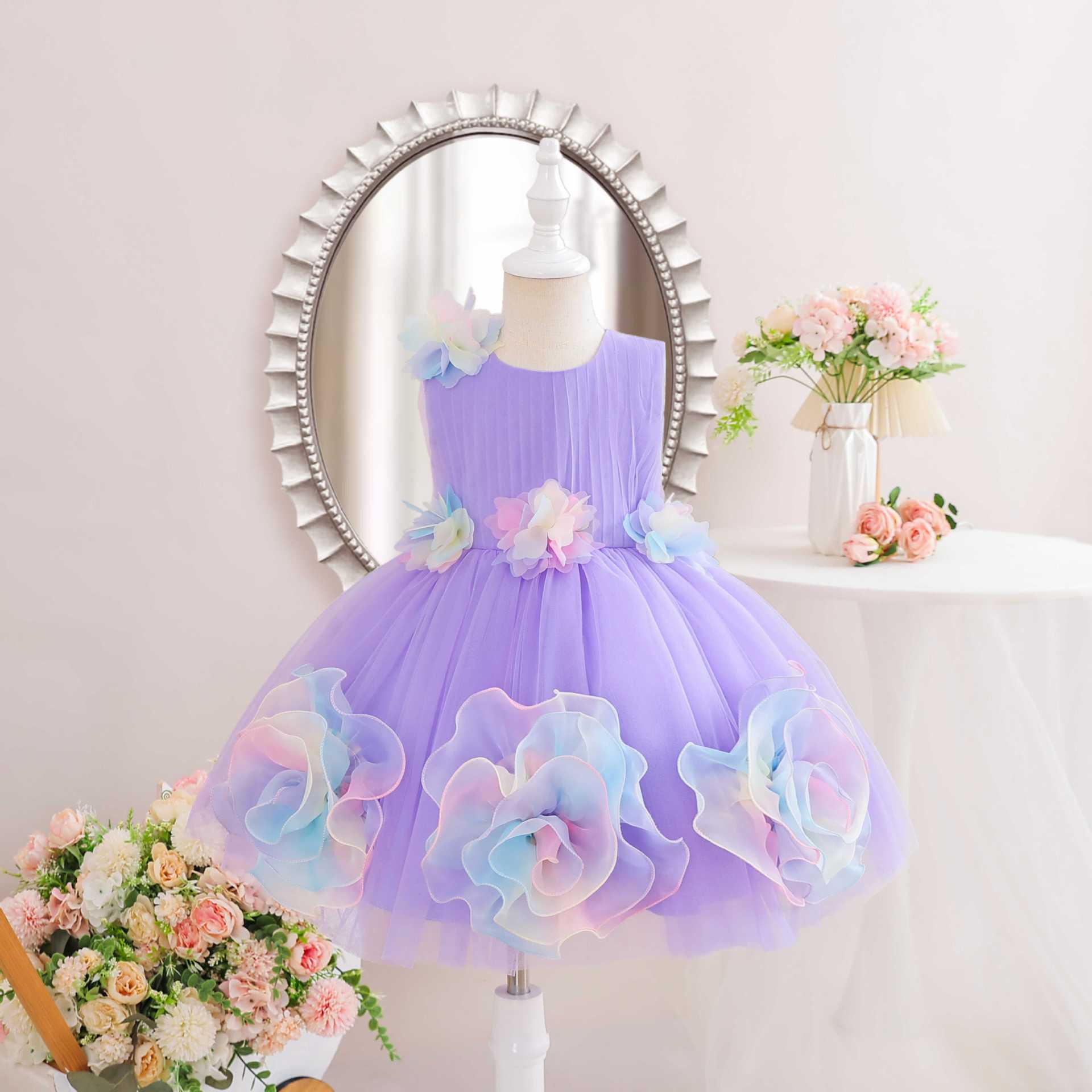 Girls' Dress Colorful Big Flower Sense Pouted Skirt Show Evening Dress Children's Chorus Dress Performance Children's Princess Dress