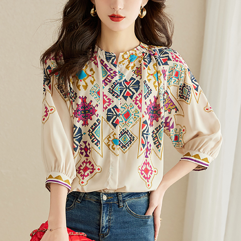 Picture of 2024 Chiffon Shirt Women's Three-Quarter Sleeve Summer 2023 New Shirt Design Niche Feminine Belly-Covering Top