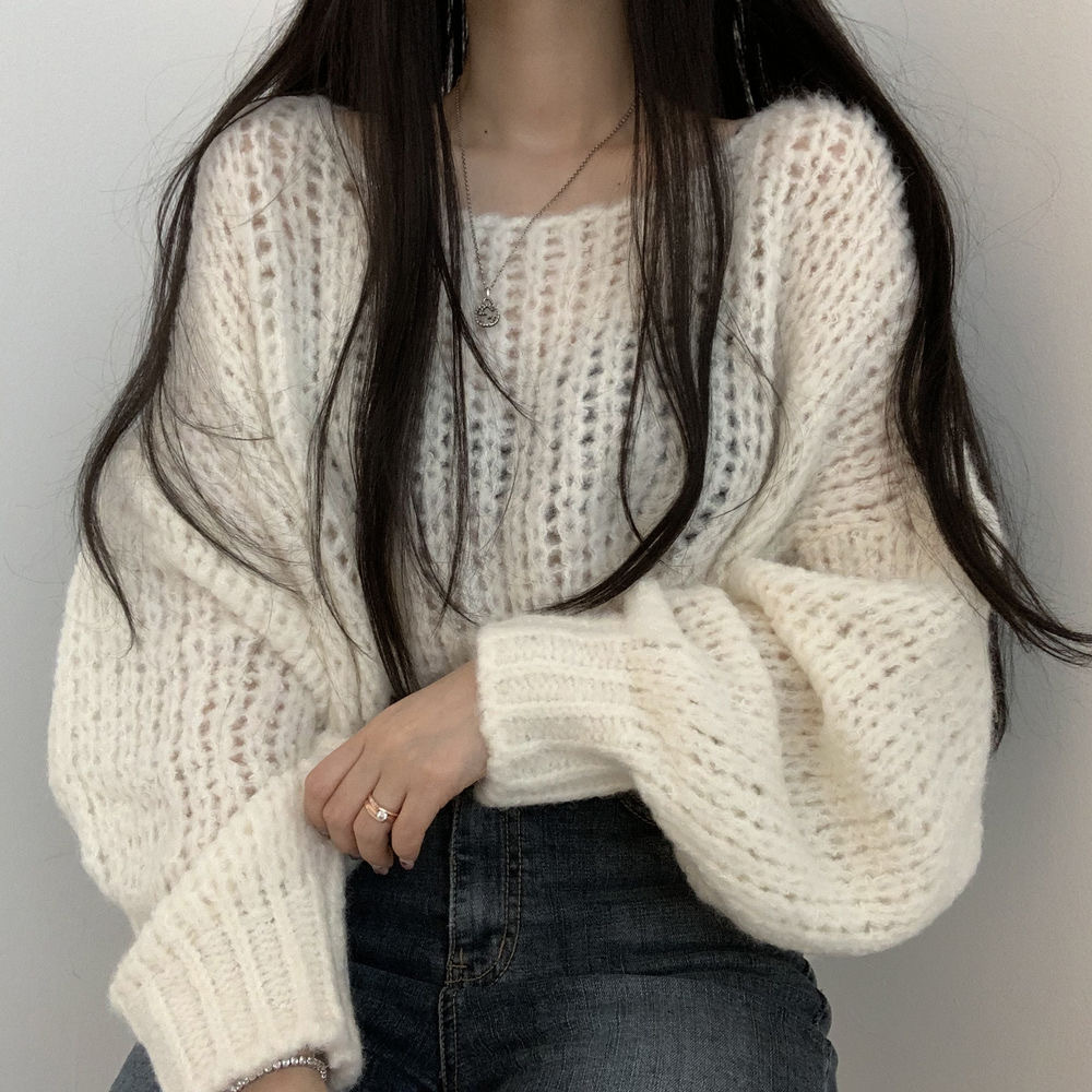 Picture of South Korea Chic Autumn All-match Candy Color Skin-looking Pullover Loose Thick Line Lantern Sleeve Knitted Sweater for Women