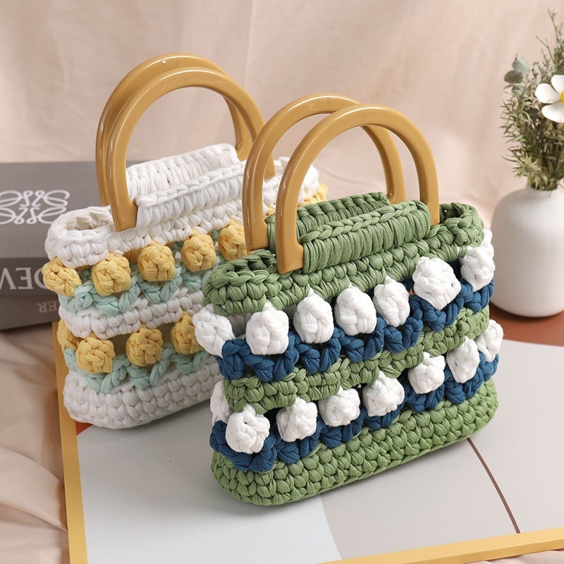Non-Finished Tulip Crochet Handmade Wool Knitted Handbag Bag Cloth Strips DIY Material Girlfriend Hand