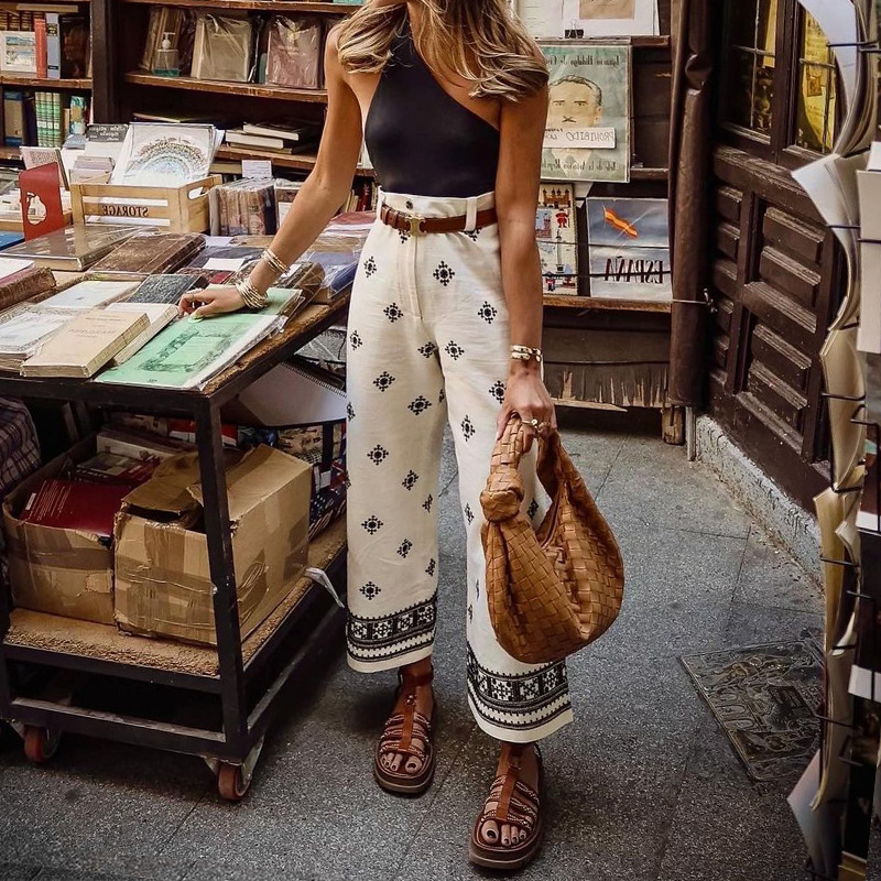 in stock AliExpress New Cross-border Women's Fashion Printed Bohemian Beach Vacation High Waist Wide Leg Pants