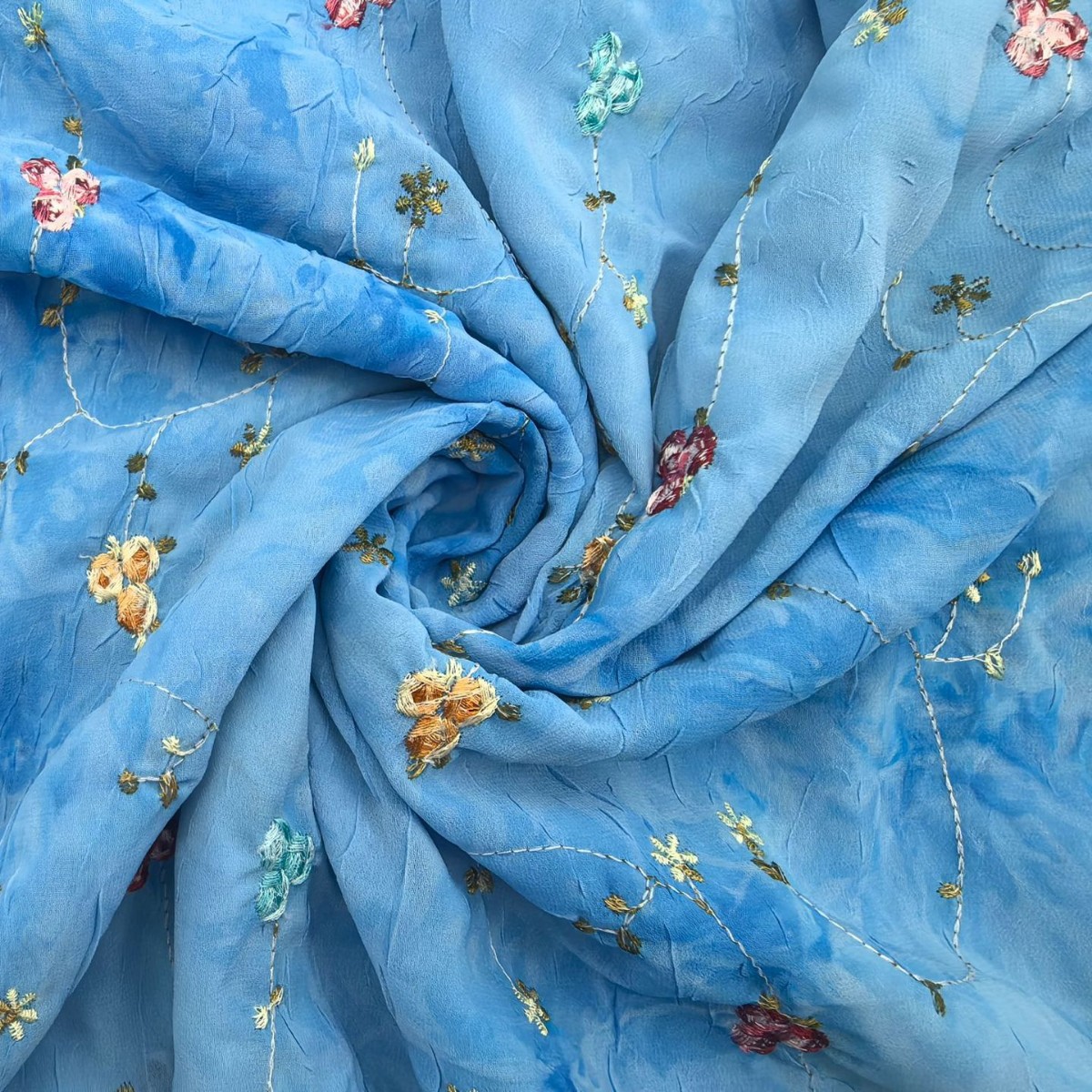 New Embroidered Fresh Style Tie-Dye Chiffon Floral Print Embroidered Fabric Spring and Summer Tea Break Blue Dress