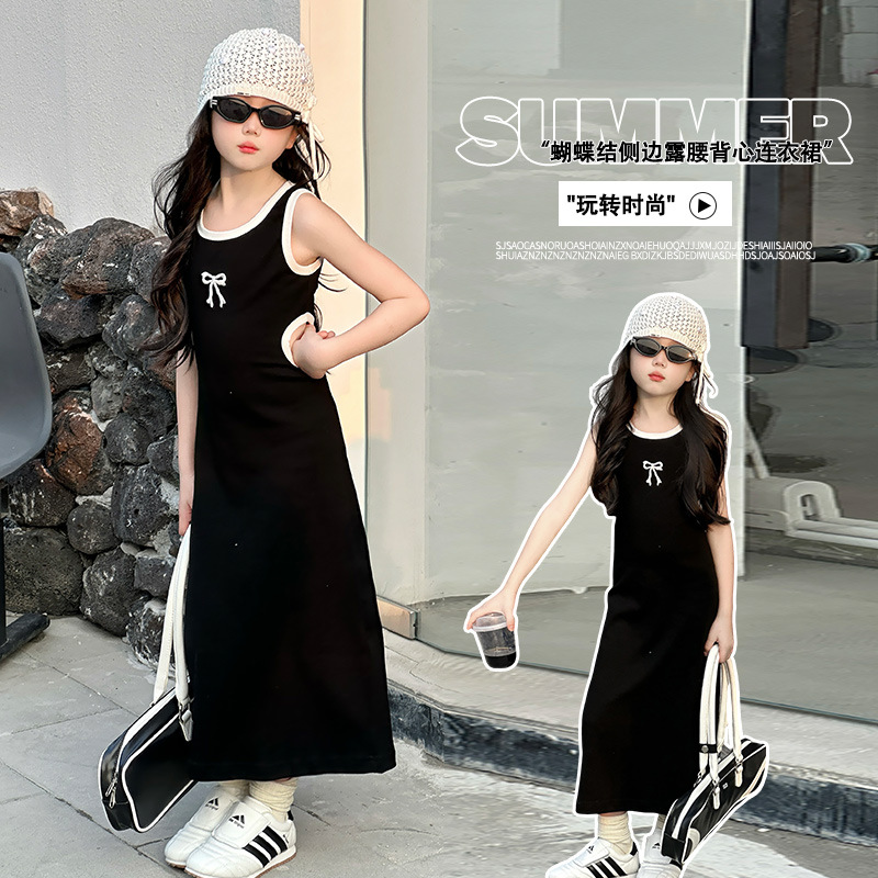 Girls' dress Summer Dress 2024 New Style Girls' Middle and Big Children's Bow Long Dress Children's Waist-exposed Vest Skirt
